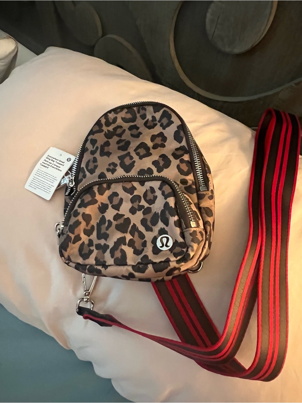 lululemon athletica Leopard Print Mini Backpack with Red/Black Striped Strap